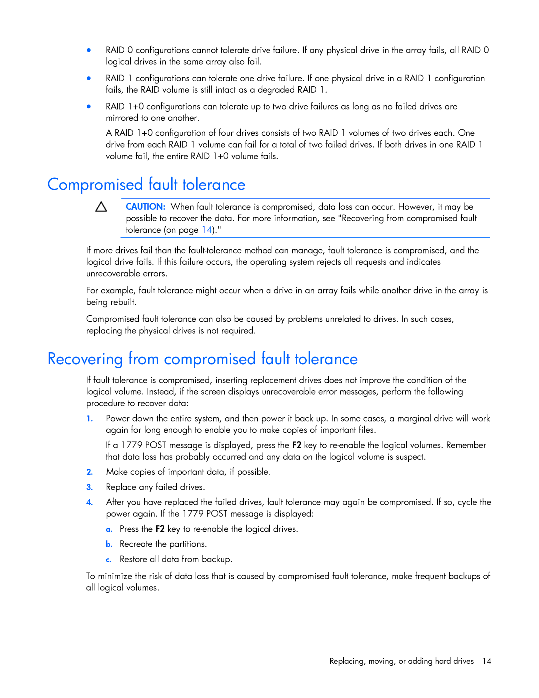 HP B110I manual Compromised fault tolerance, Recovering from compromised fault tolerance 