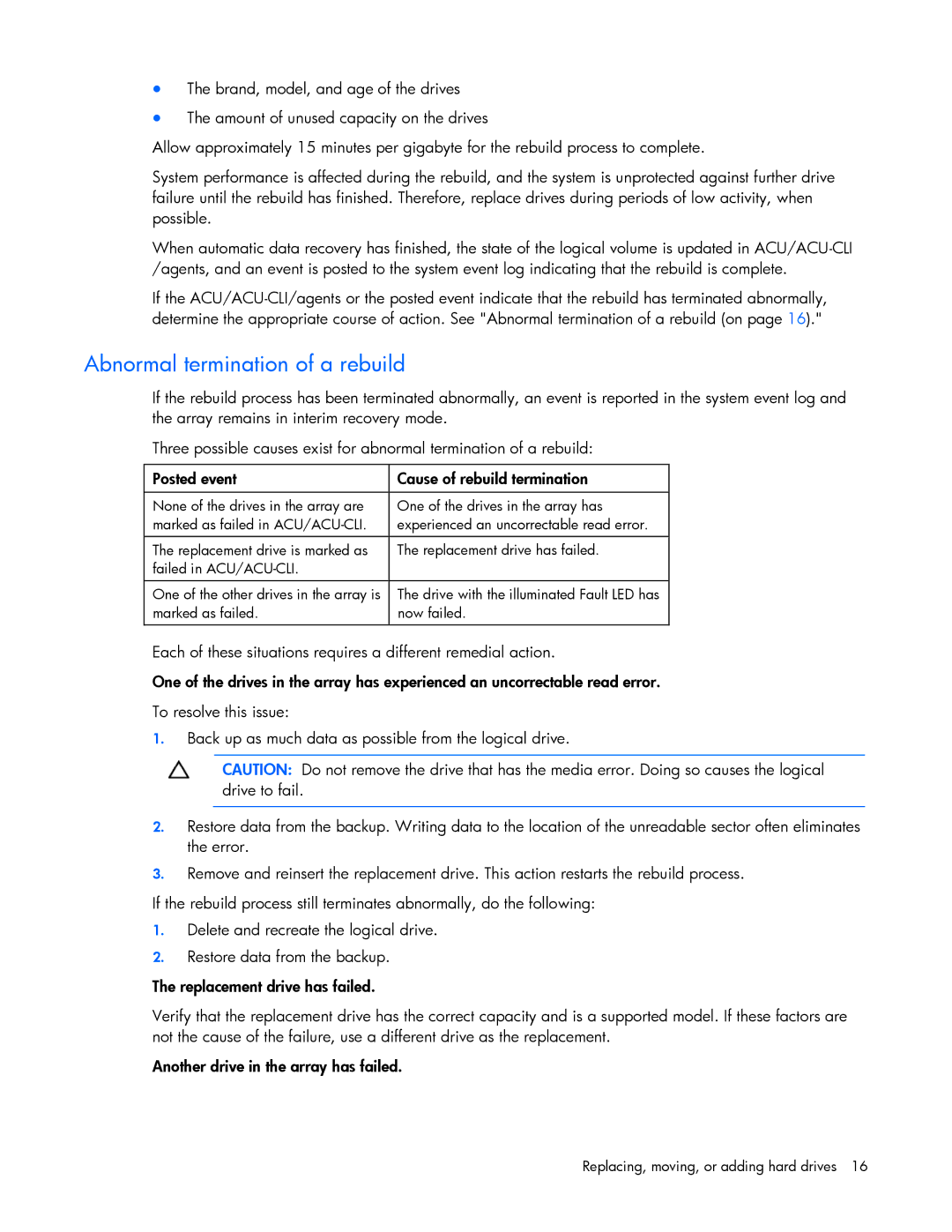 HP B110I manual Abnormal termination of a rebuild 