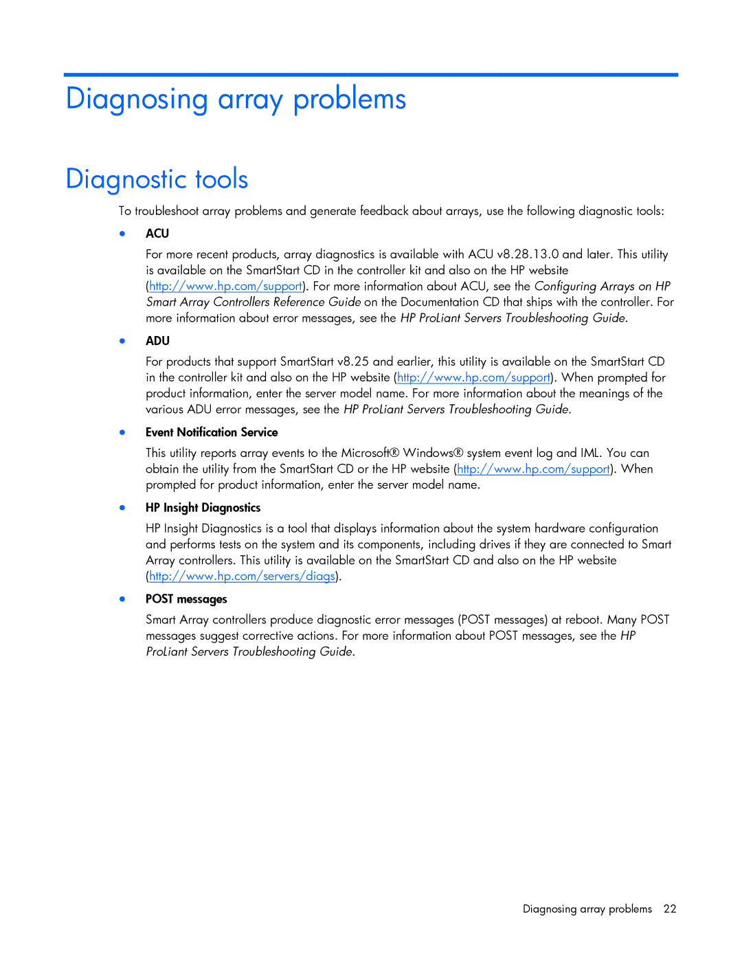 HP B110I manual Diagnosing array problems, Diagnostic tools 