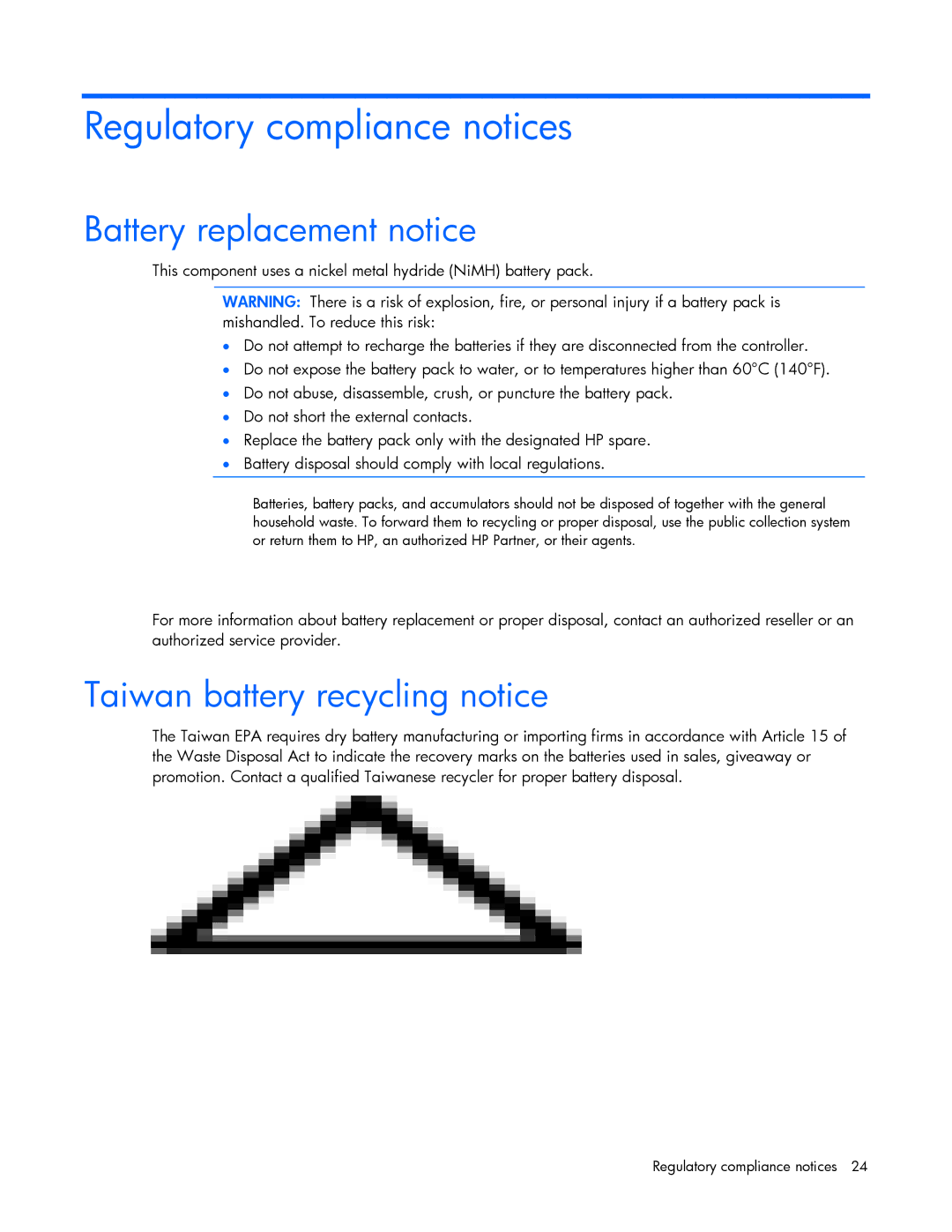 HP B110I manual Regulatory compliance notices, Battery replacement notice, Taiwan battery recycling notice 