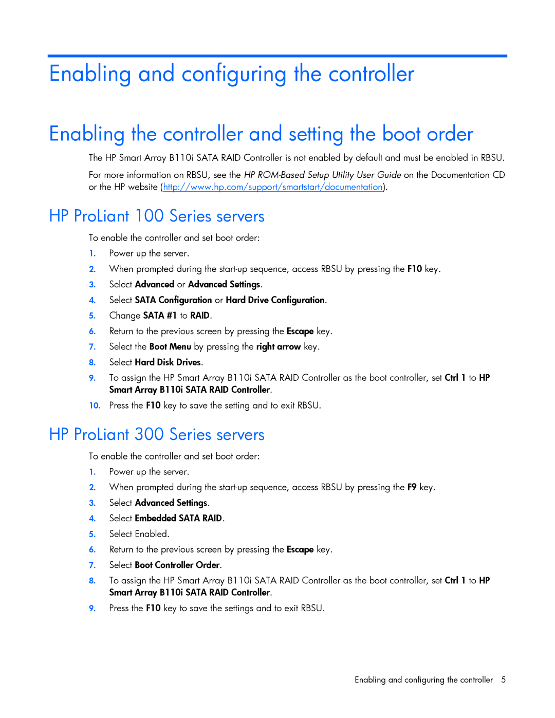 HP B110I manual Enabling and configuring the controller, Enabling the controller and setting the boot order 