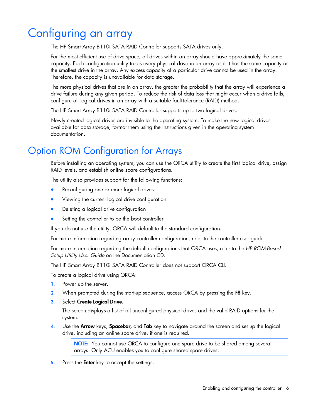 HP B110I manual Configuring an array, Option ROM Configuration for Arrays 