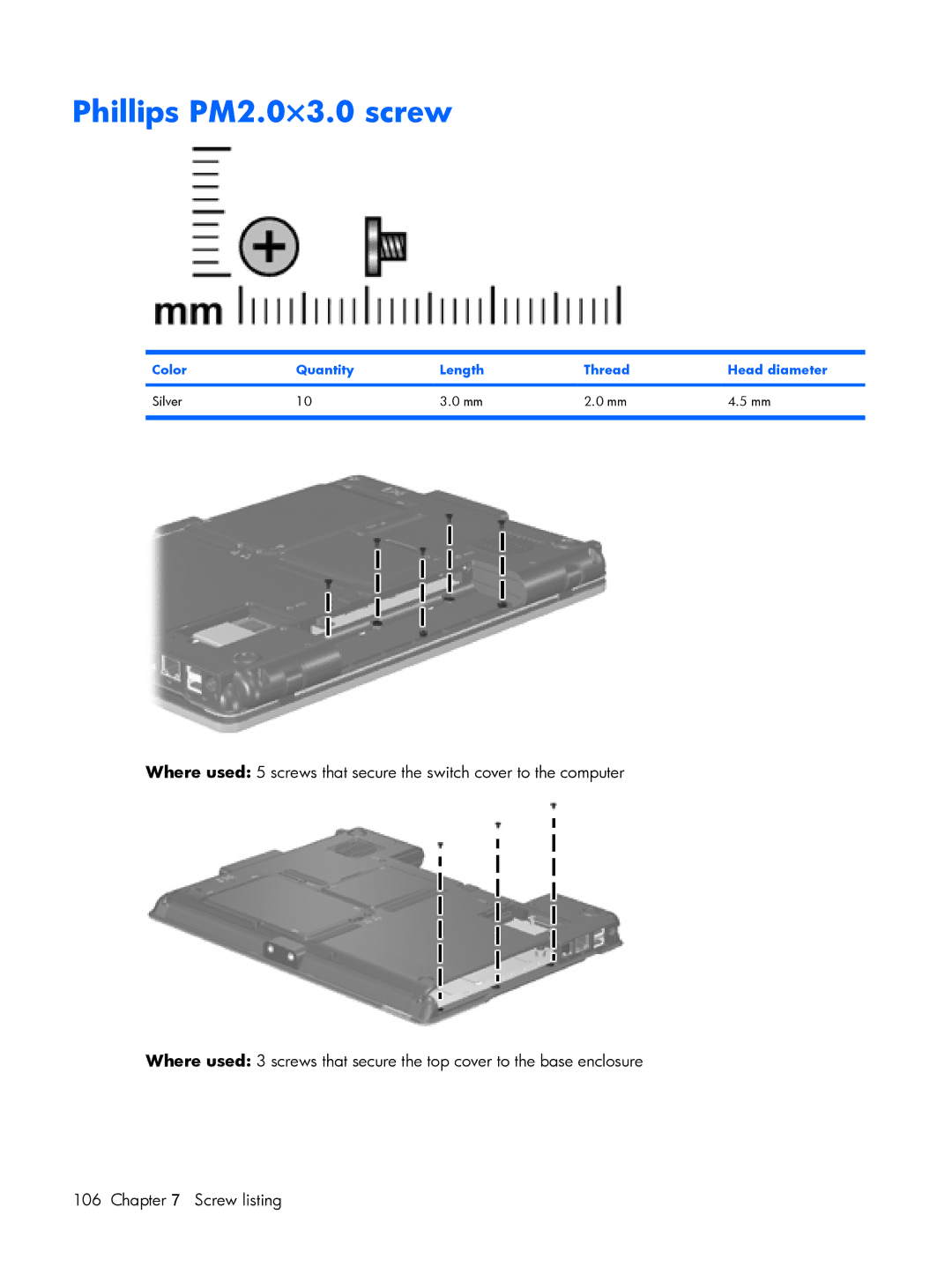 HP B1225TU, B1201VU, B1203VU, B1200, B1205VU manual Phillips PM2.0×3.0 screw, Color Quantity Length Thread Head diameter Silver 