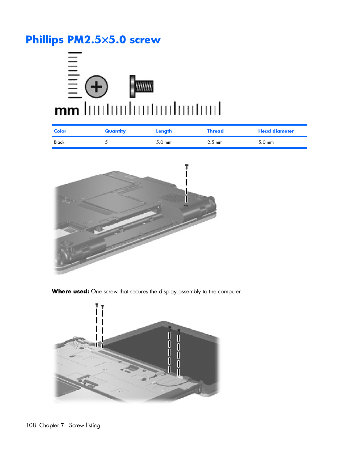 HP B1211VU, B1201VU, B1203VU, B1200, B1205VU manual Phillips PM2.5×5.0 screw, Color Quantity Length Thread Head diameter Black 