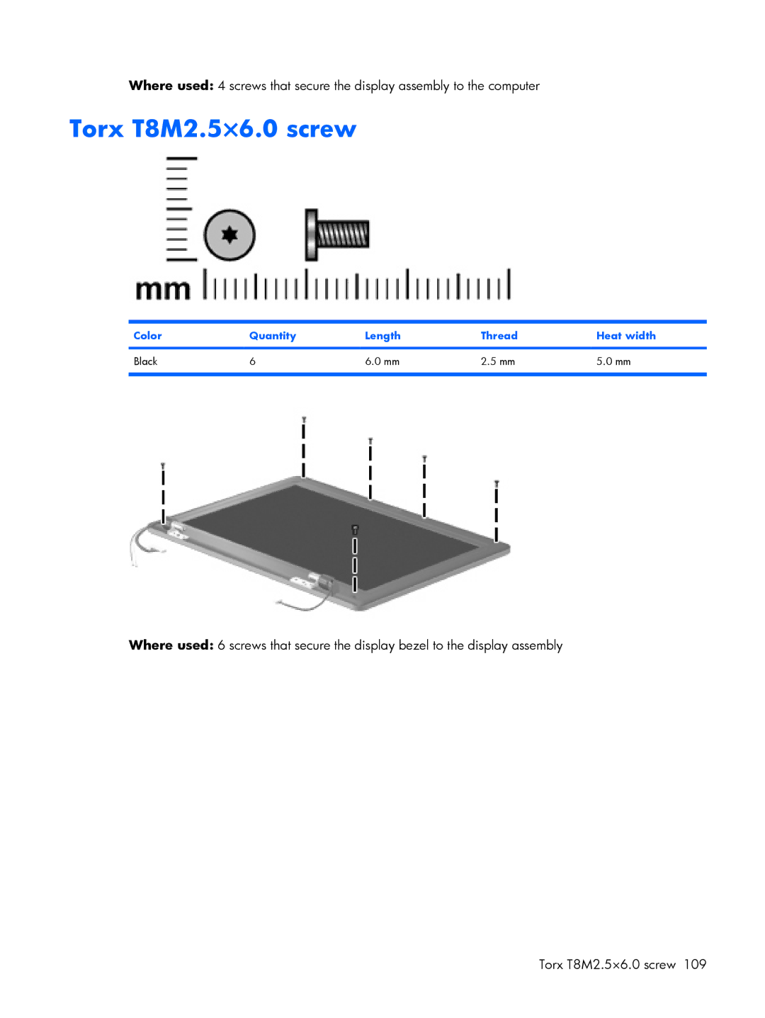 HP B1209VU, B1201VU, B1203VU, B1200, B1205VU, B1204VU Torx T8M2.5×6.0 screw, Color Quantity Length Thread Heat width Black 