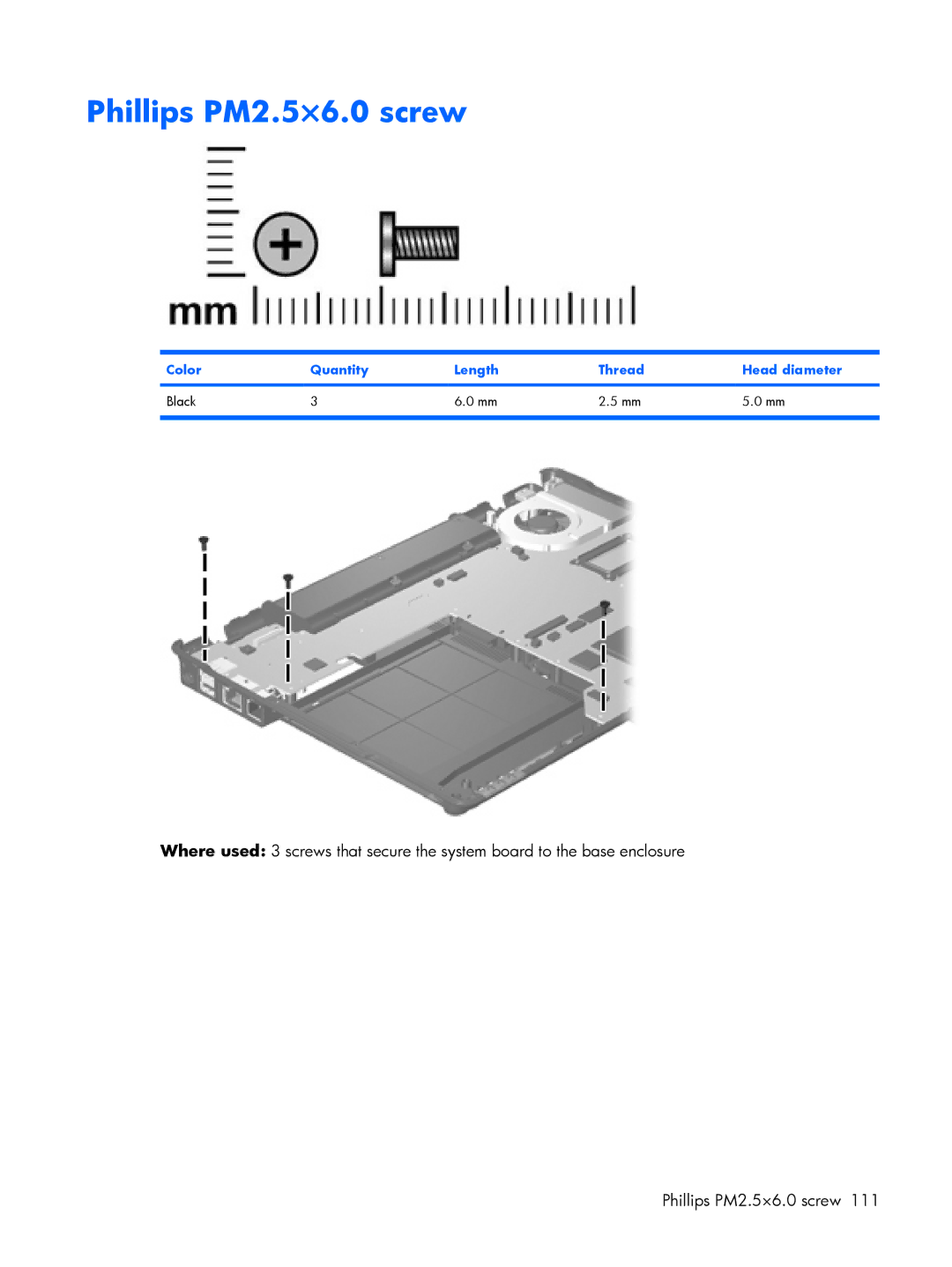 HP B1210VU, B1201VU, B1203VU, B1200, B1205VU manual Phillips PM2.5×6.0 screw, Color Quantity Length Thread Head diameter Black 