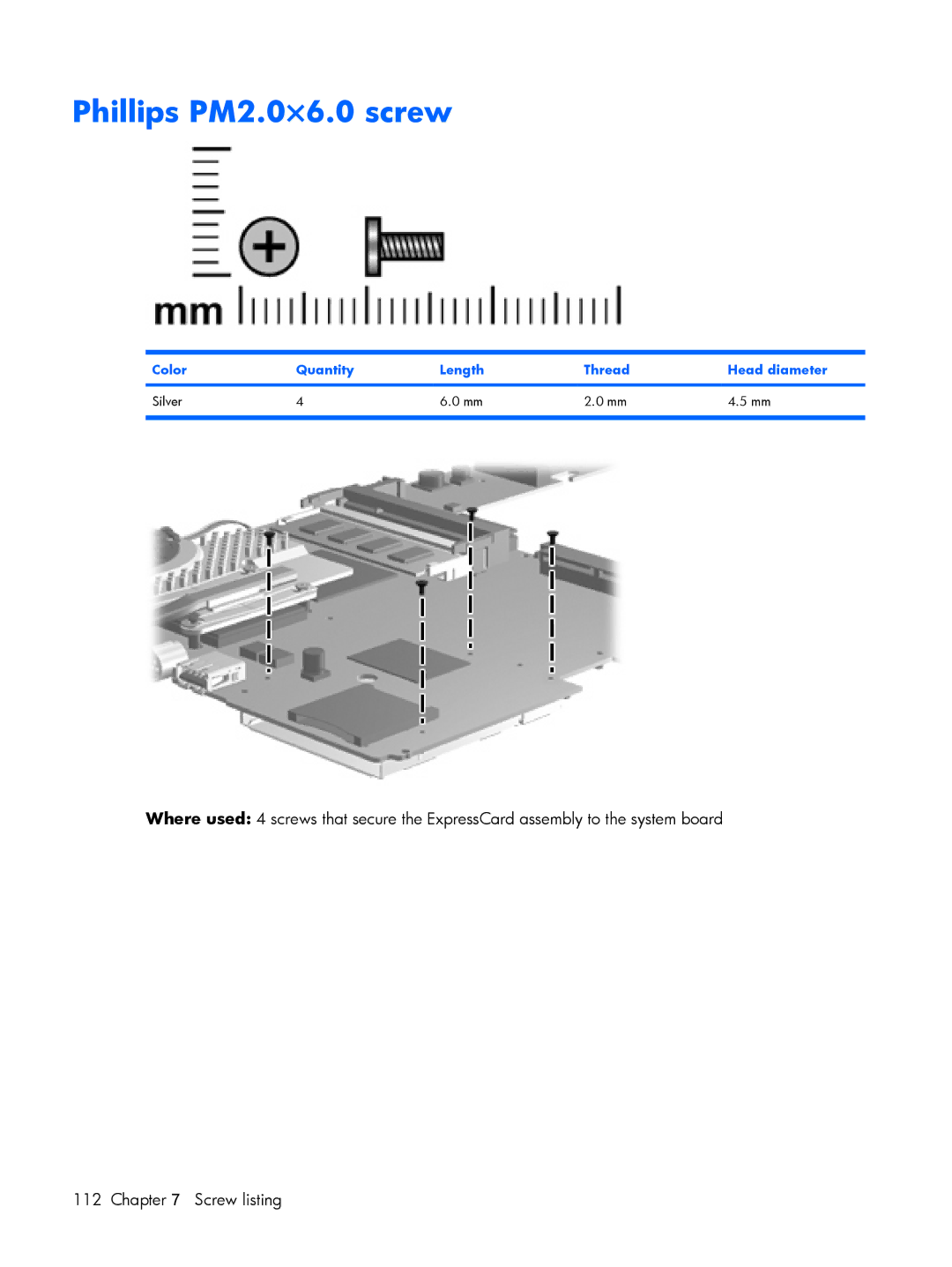 HP B1207VU, B1201VU, B1203VU, B1200, B1205VU manual Phillips PM2.0×6.0 screw, Color Quantity Length Thread Head diameter Silver 