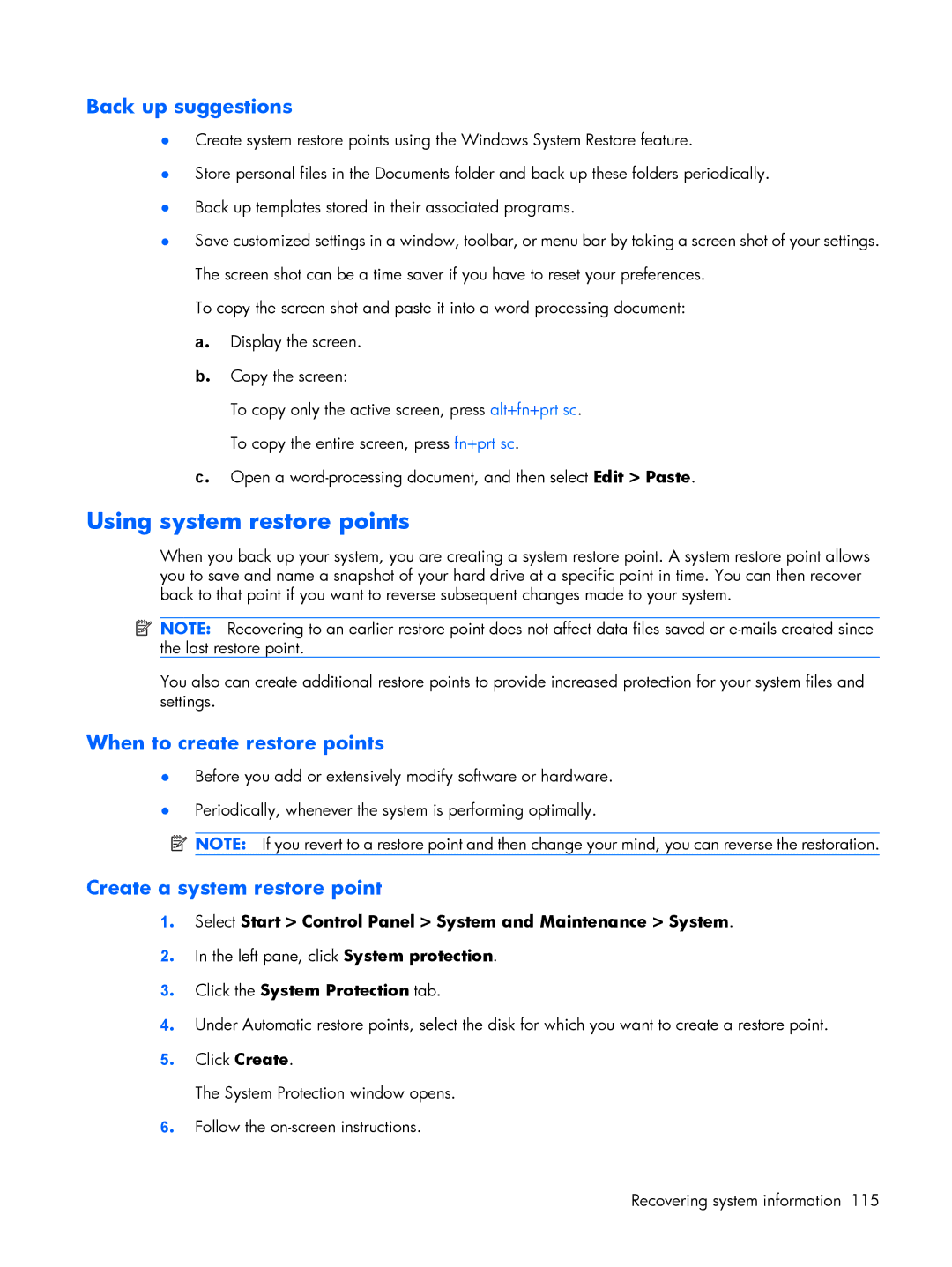 HP B1253TU, B1201VU, B1203VU, B1200, B1205VU, B1204VU, B1298TU, B1250TU, B1244TU Using system restore points, Back up suggestions 