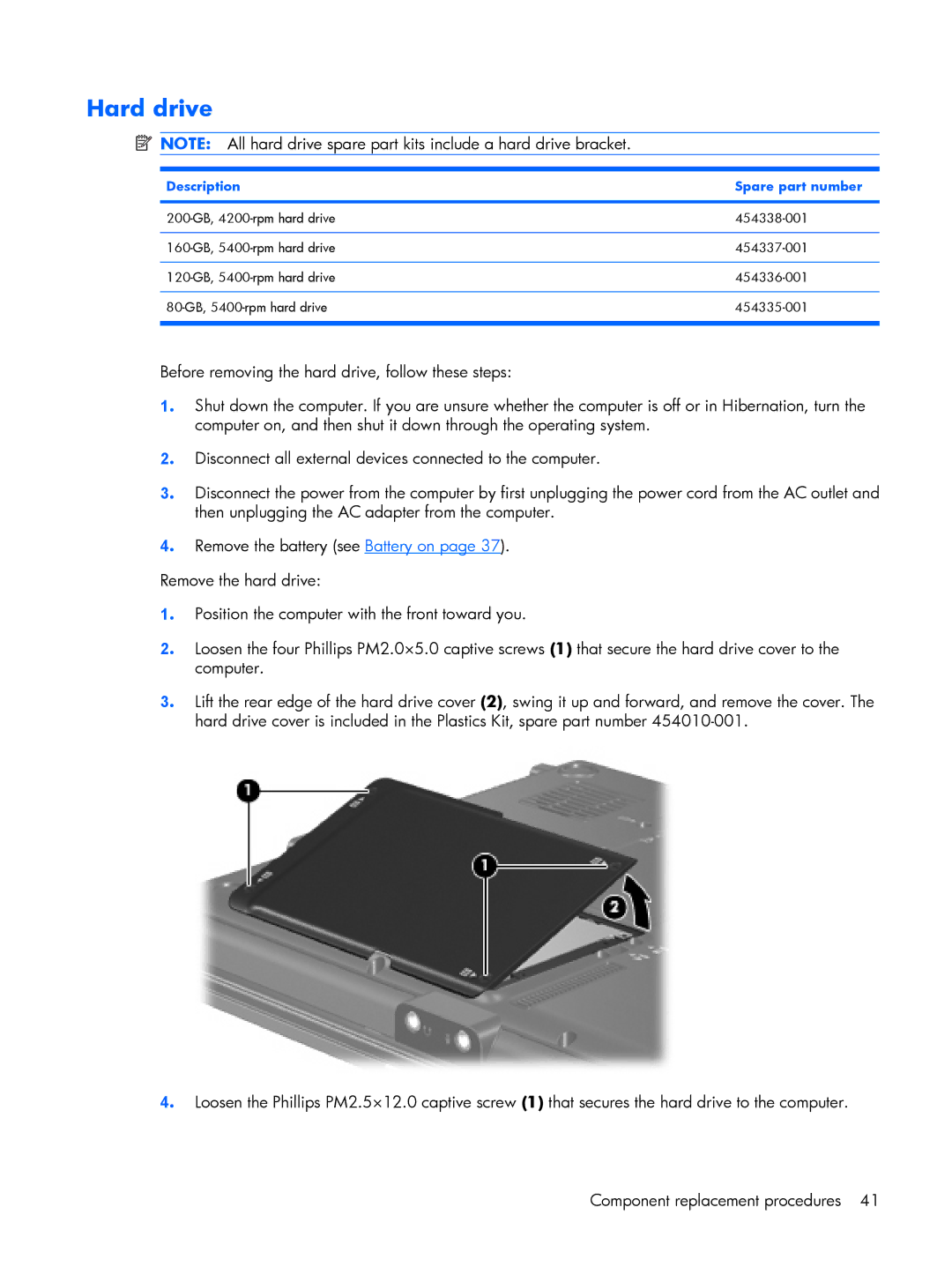 HP B1201VU, B1203VU, B1200, B1205VU, B1204VU, B1298TU, B1250TU, B1244TU, B1245TU manual Hard drive, Description Spare part number 