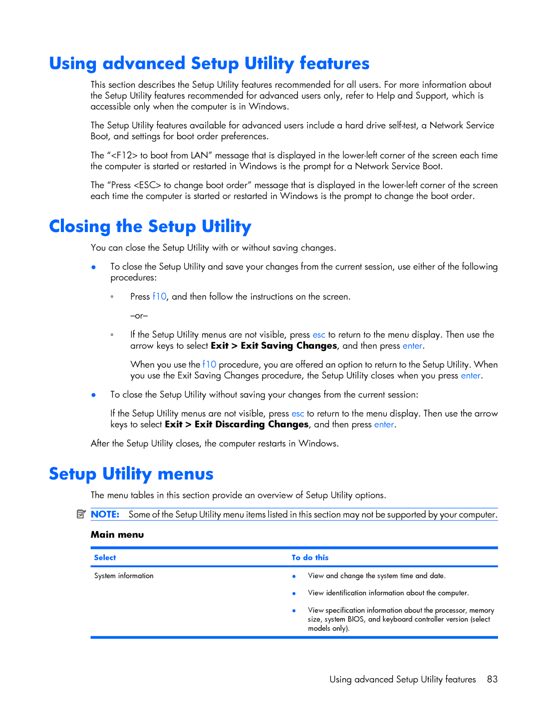 HP B1268TU, B1200 Using advanced Setup Utility features, Closing the Setup Utility, Setup Utility menus, Select To do this 