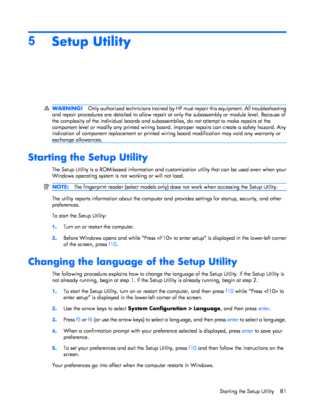 HP B1278TU, B1201VU, B1203VU, B1200, B1205VU manual Starting the Setup Utility, Changing the language of the Setup Utility 