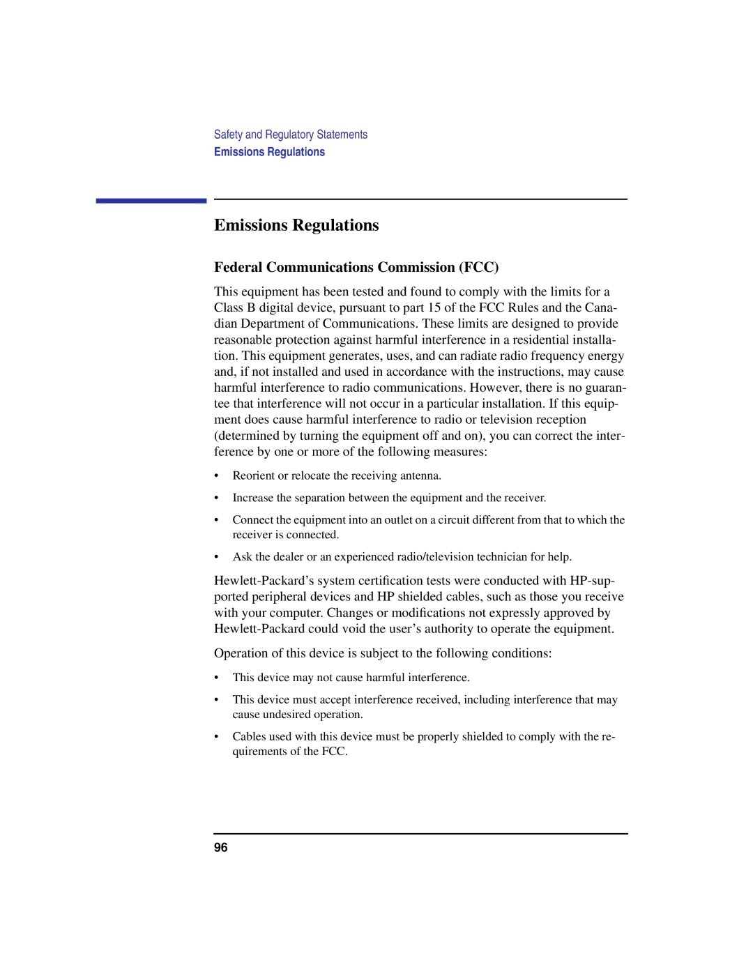 HP B180L, B132L, B160L manual Emissions Regulations, Federal Communications Commission FCC 