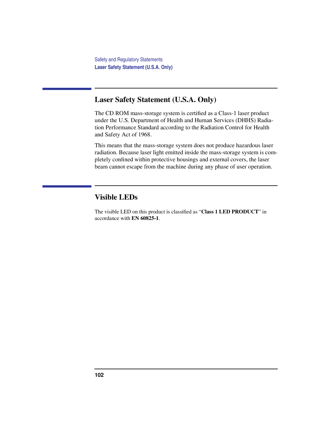 HP B180L, B132L, B160L manual Laser Safety Statement U.S.A. Only, Visible LEDs 