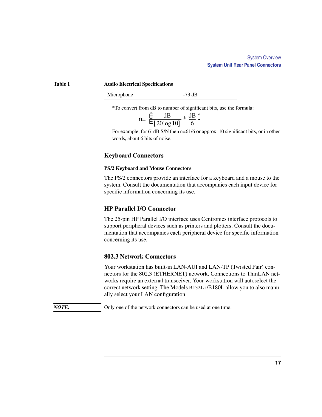 HP B160L, B132L, B180L Keyboard Connectors, HP Parallel I/O Connector, Network Connectors, Audio Electrical Speciﬁcations 