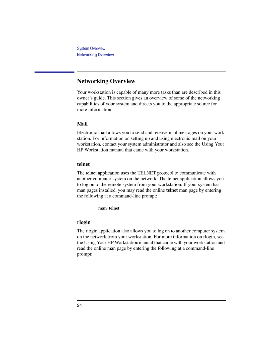 HP B180L, B132L, B160L manual Networking Overview, Mail, Telnet, Rlogin, Man telnet 