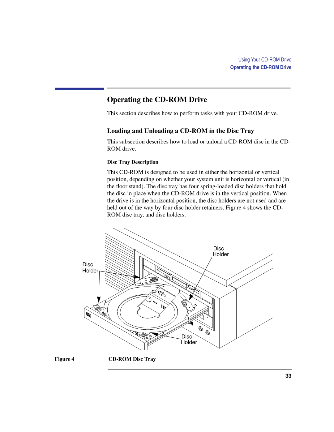 HP B180L, B132L, B160L Operating the CD-ROM Drive, Loading and Unloading a CD-ROM in the Disc Tray, Disc Tray Description 