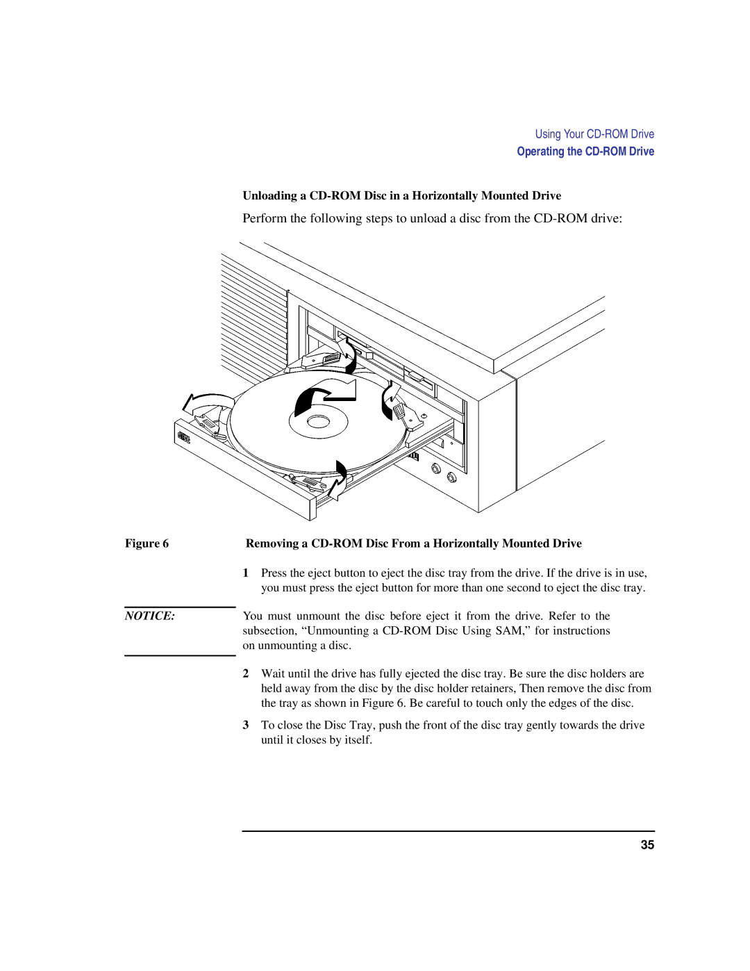 HP B160L Unloading a CD-ROM Disc in a Horizontally Mounted Drive, Removing a CD-ROM Disc From a Horizontally Mounted Drive 