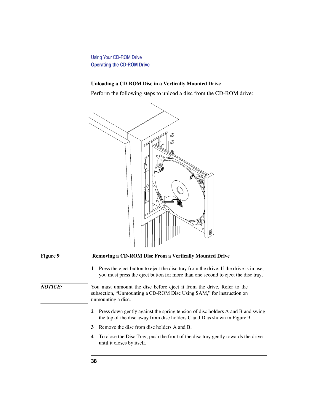 HP B160L Unloading a CD-ROM Disc in a Vertically Mounted Drive, Removing a CD-ROM Disc From a Vertically Mounted Drive 