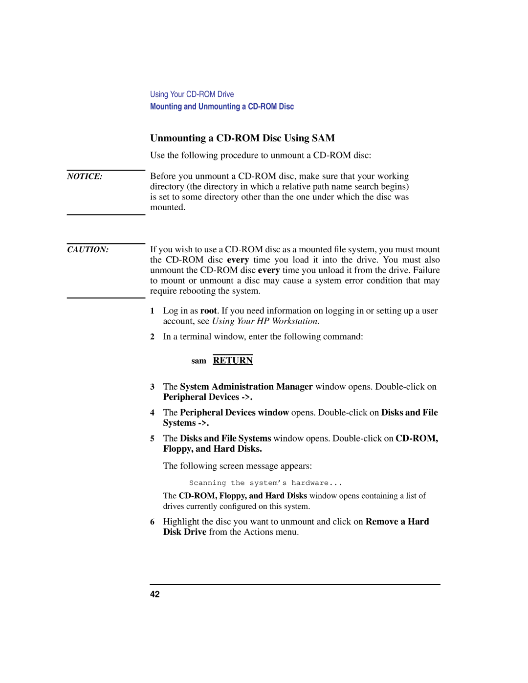 HP B180L, B132L, B160L manual Unmounting a CD-ROM Disc Using SAM, Disks and File Systems window opens. Double-click on CD-ROM 