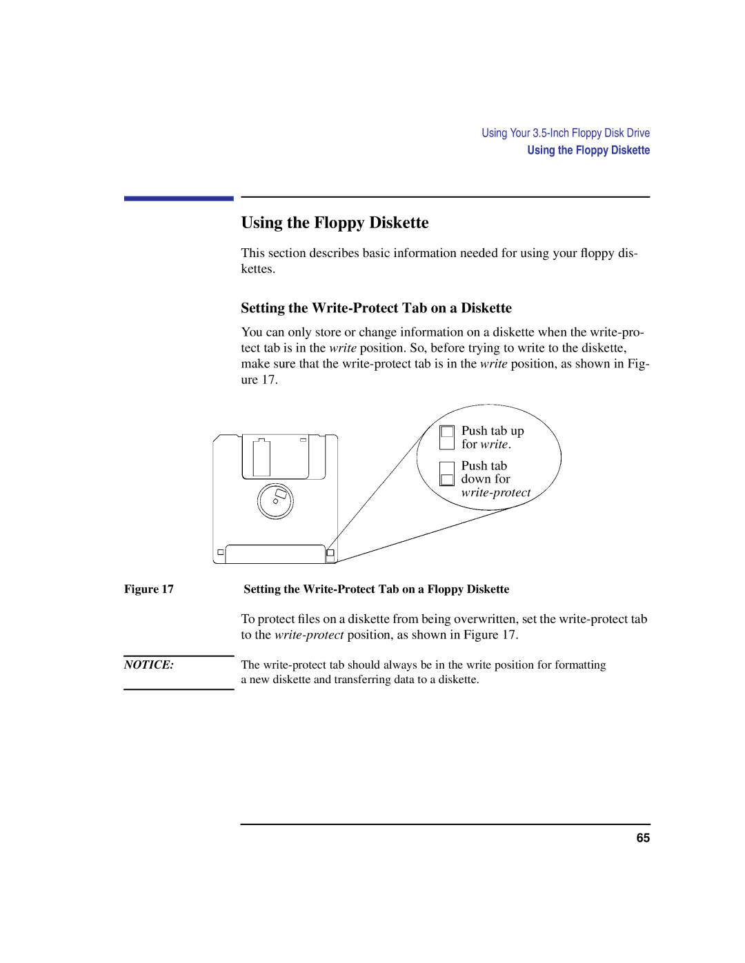 HP B160L, B132L, B180L manual Using the Floppy Diskette, Setting the Write-Protect Tab on a Diskette 