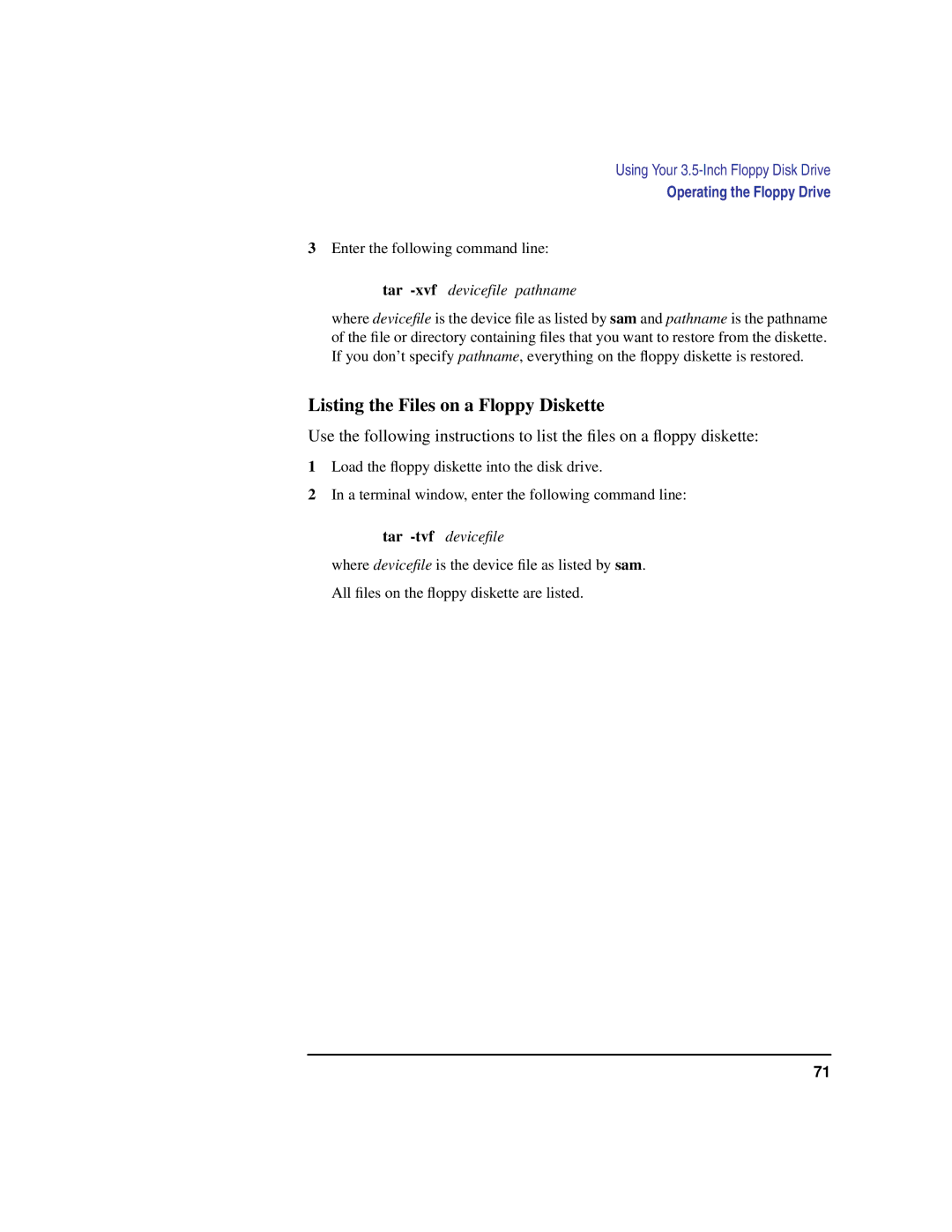 HP B160L, B132L, B180L manual Listing the Files on a Floppy Diskette, Tar -tvf deviceﬁle 