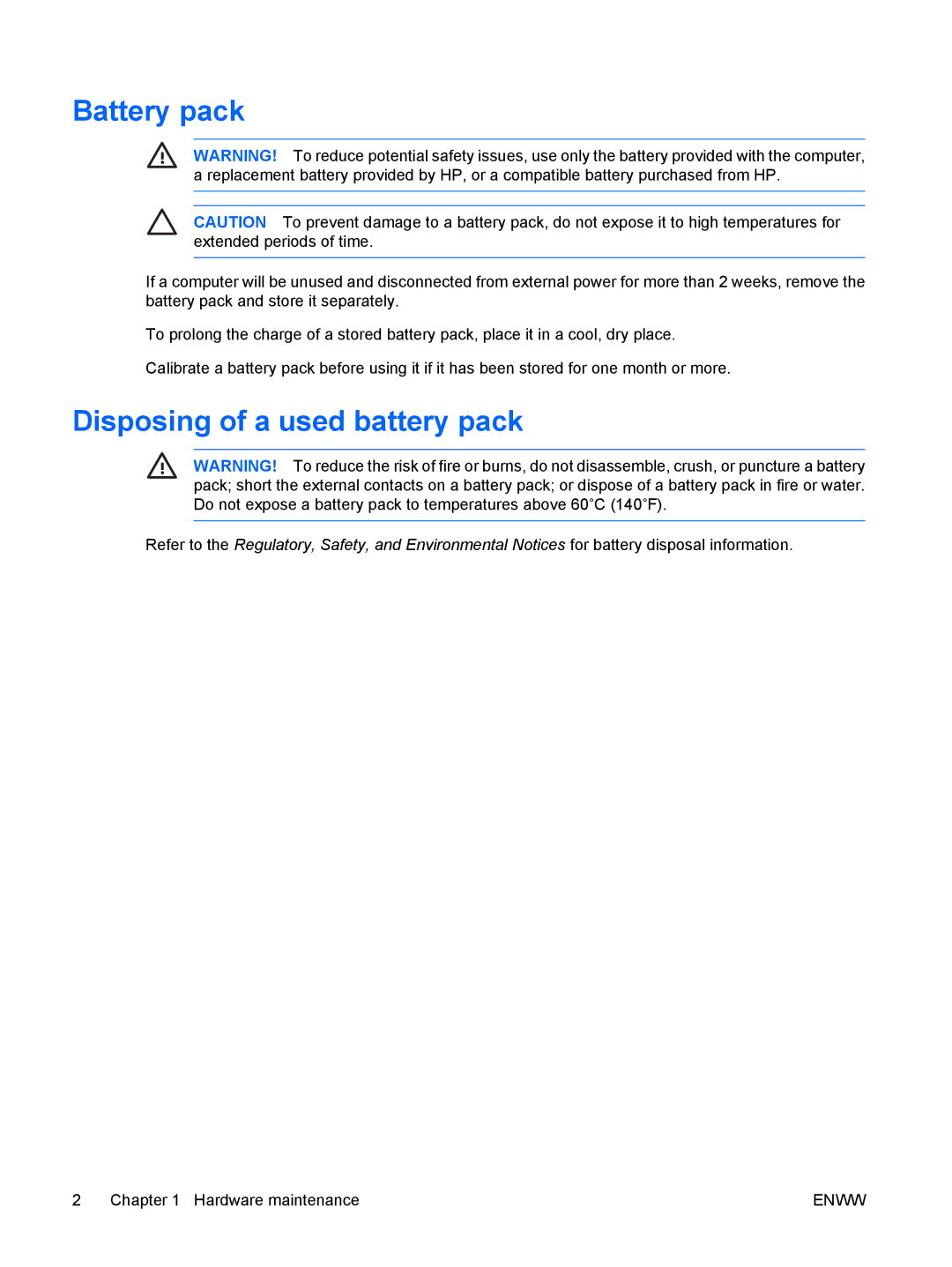 HP B1950, B1987TU, B1986TU, B1985TU, B1981TU, B1980TU, B1970TU, B1973TU manual Battery pack, Disposing of a used battery pack 