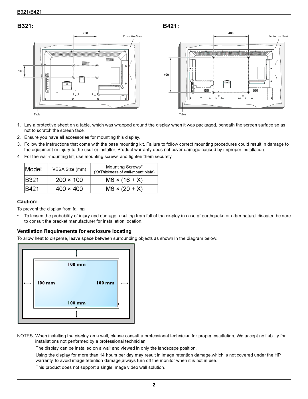 HP B321 31.5-inch manual B321 B421, Ventilation Requirements for enclosure locating 