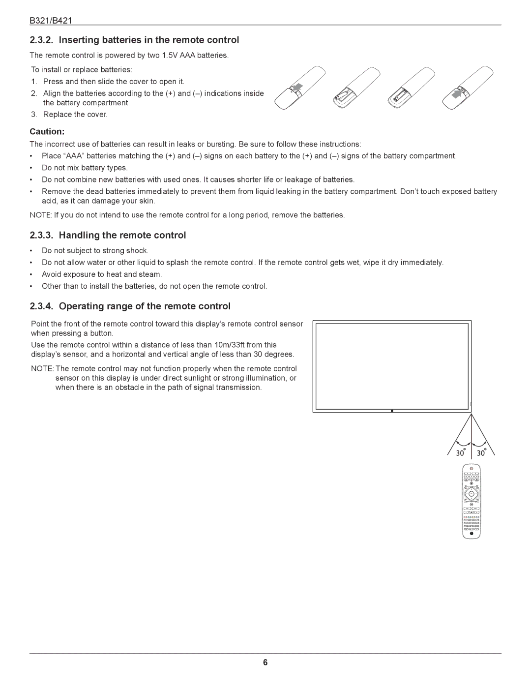 HP B321 31.5-inch manual Inserting batteries in the remote control, Handling the remote control 