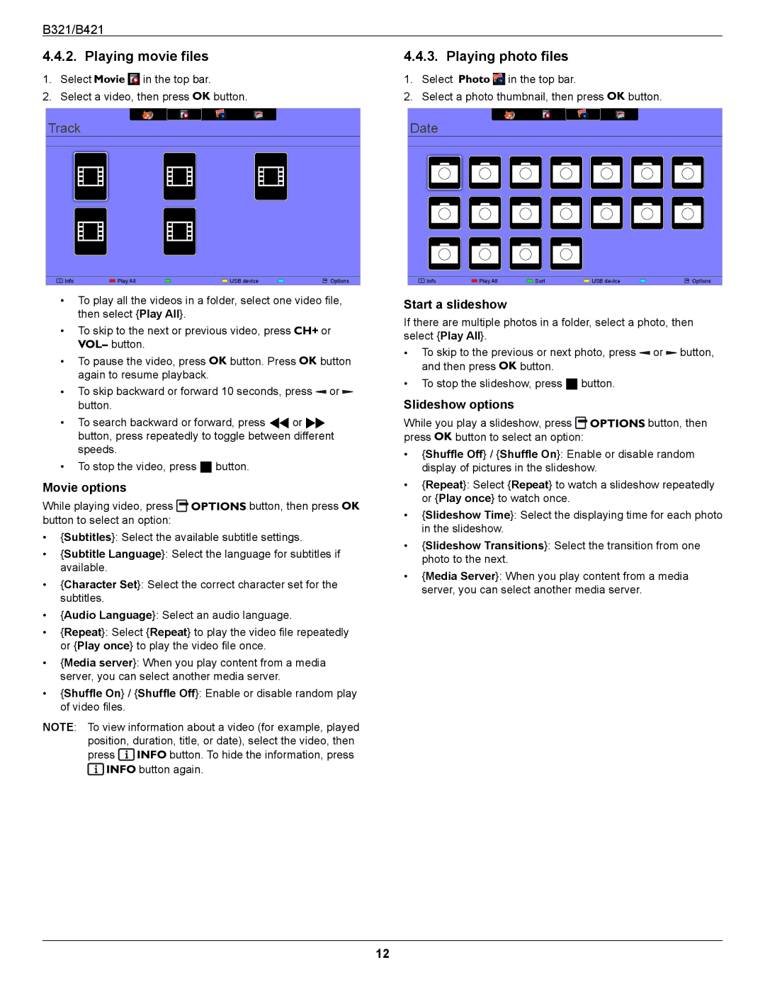 HP B321 31.5-inch manual Playing movie files, Playing photo files, Movie options, Start a slideshow, Slideshow options 