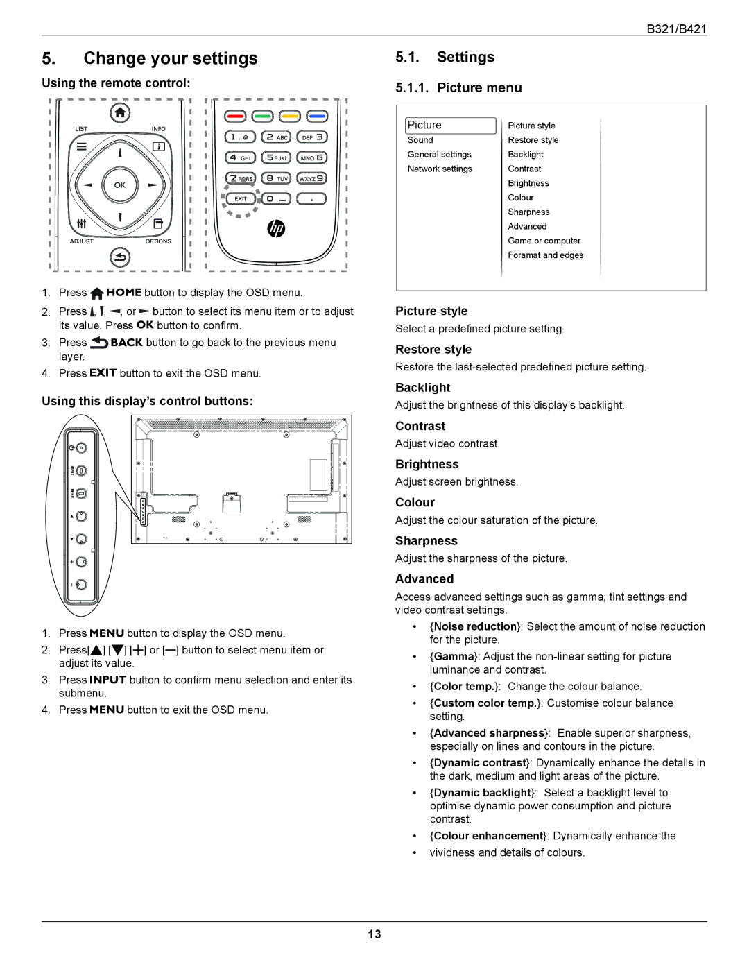 HP B321 31.5-inch manual Change your settings, Settings, Picture menu 