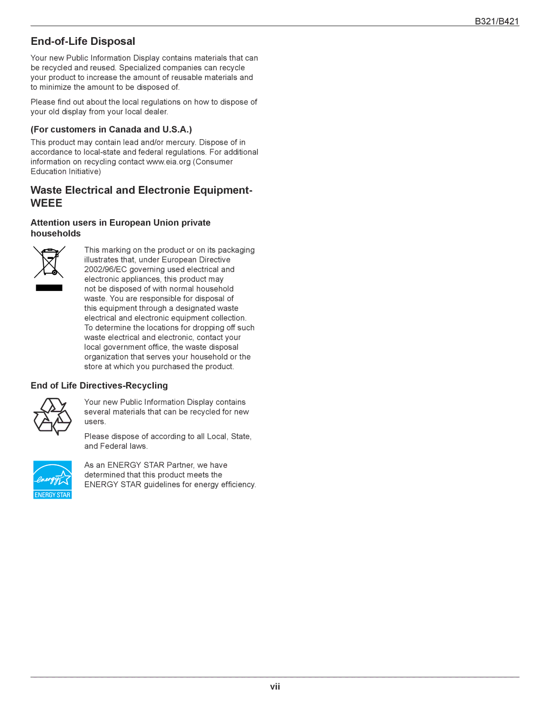 HP B321 31.5-inch End-of-Life Disposal, Waste Electrical and Electronie Equipment, For customers in Canada and U.S.A, Vii 