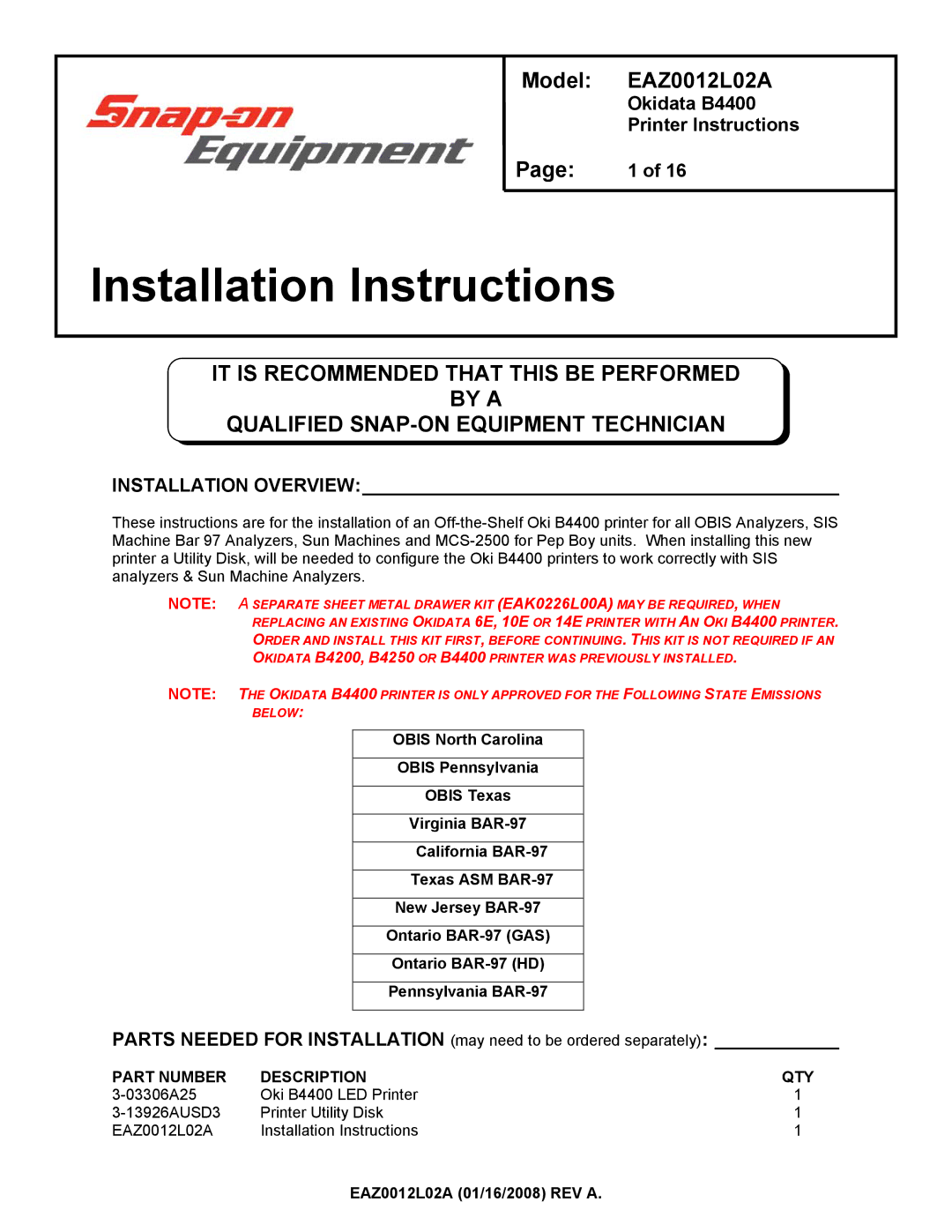 HP B4250 manual Okidata B4400 Printer Instructions, Installation Overview, EAZ0012L02A 01/16/2008 REV a 