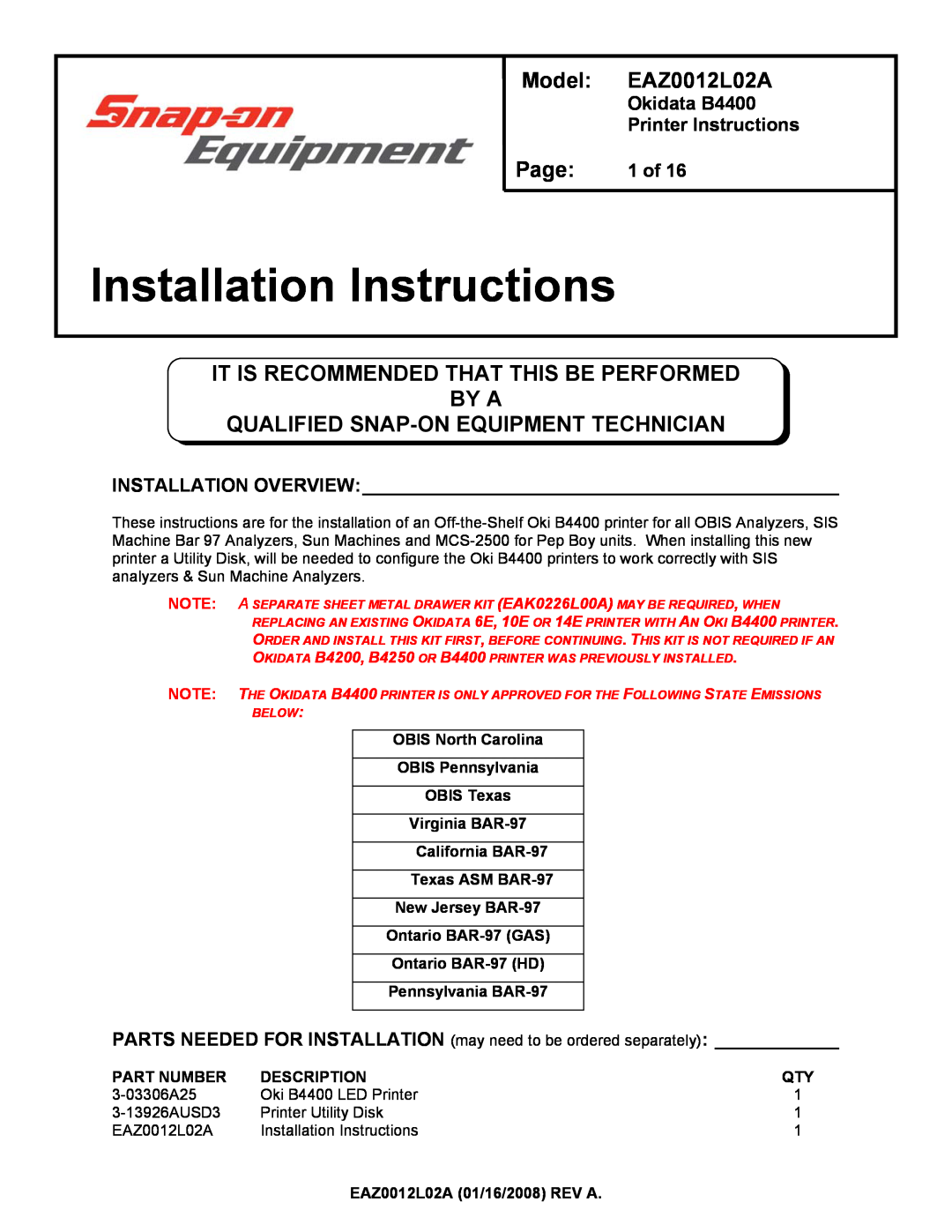 HP B4250 manual Okidata B4400 Printer Instructions, 1 of, Installation Overview, Installation Instructions, Page 