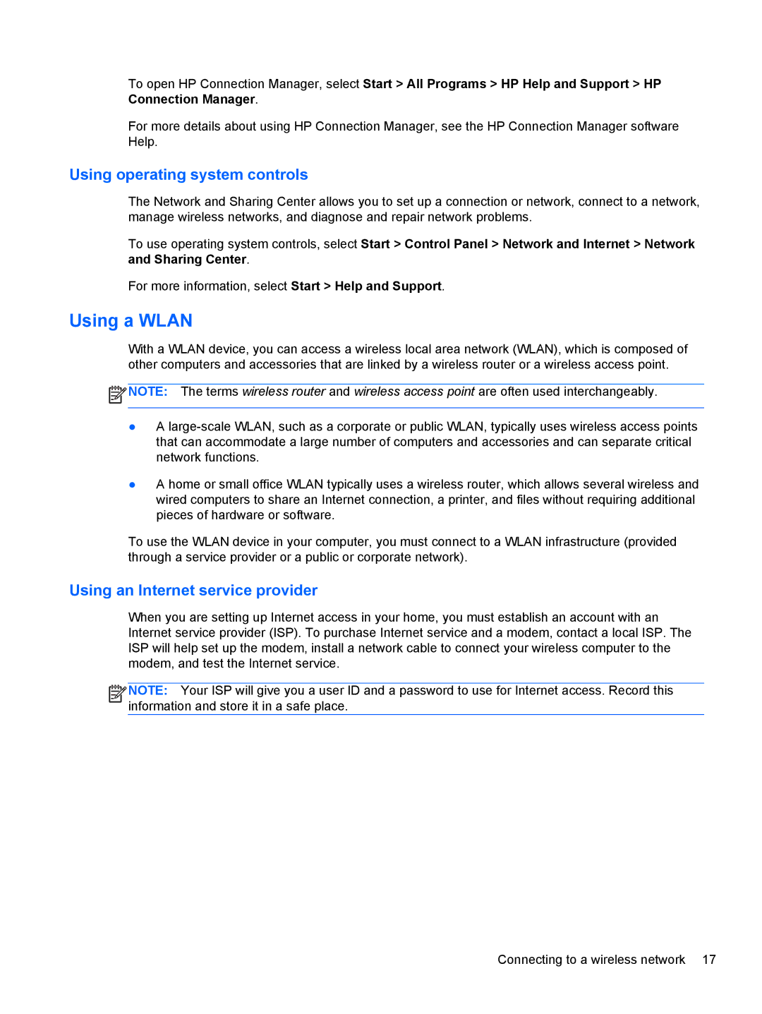 HP B5A04UAR#ABA manual Using a Wlan, Using operating system controls, Using an Internet service provider 