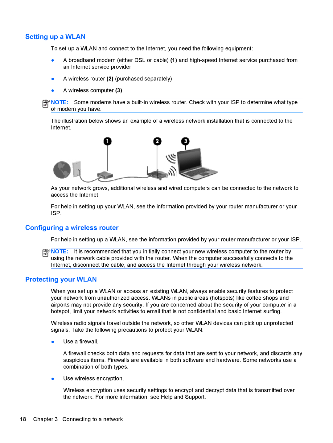 HP B5A04UAR#ABA manual Setting up a Wlan, Configuring a wireless router, Protecting your Wlan 