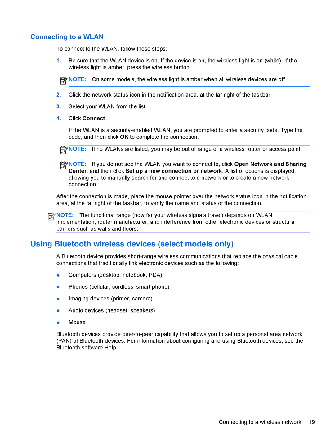 HP B5A04UAR#ABA manual Using Bluetooth wireless devices select models only, Connecting to a Wlan 