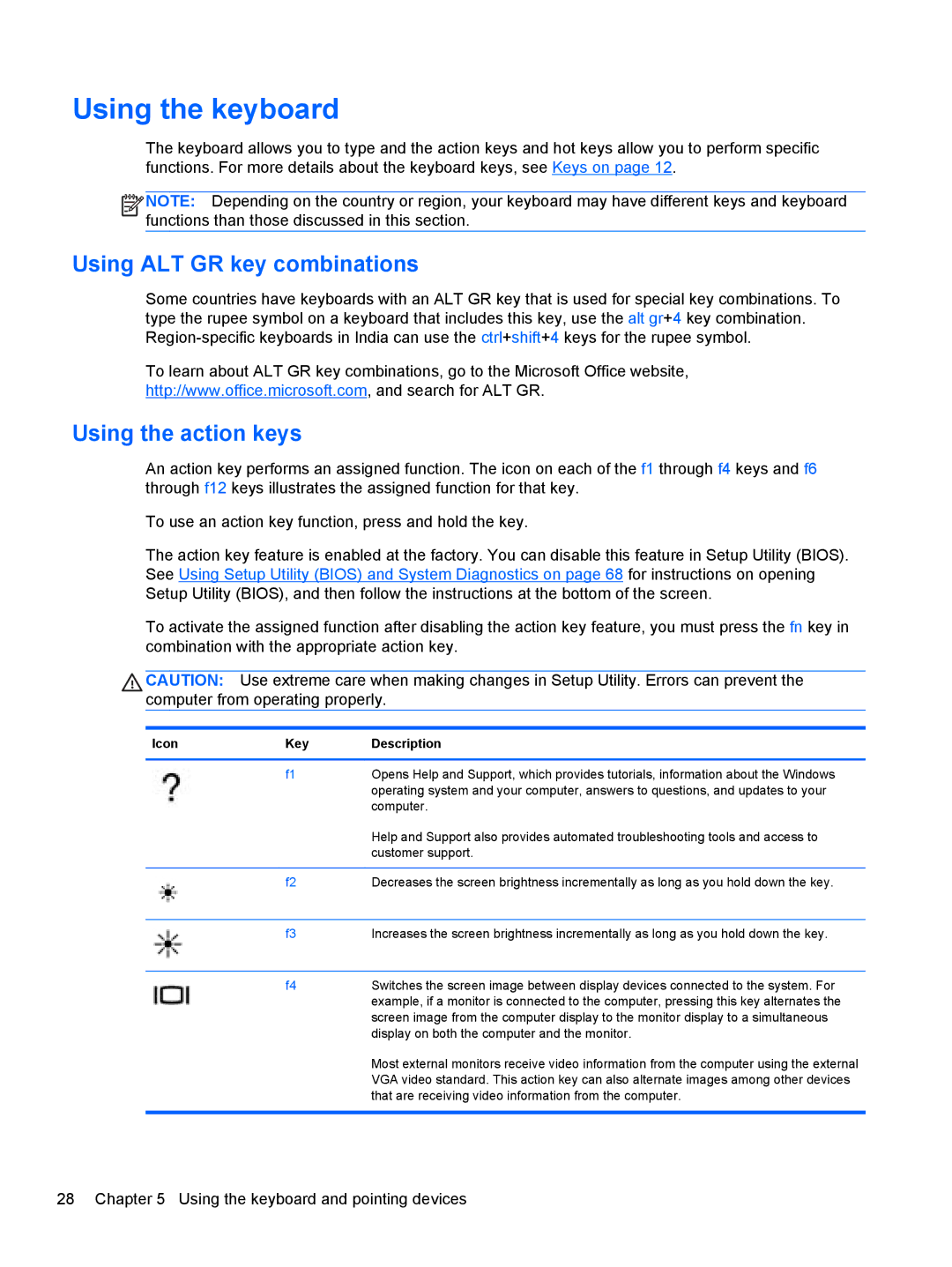 HP B5A04UAR#ABA manual Using the keyboard, Using ALT GR key combinations, Using the action keys 