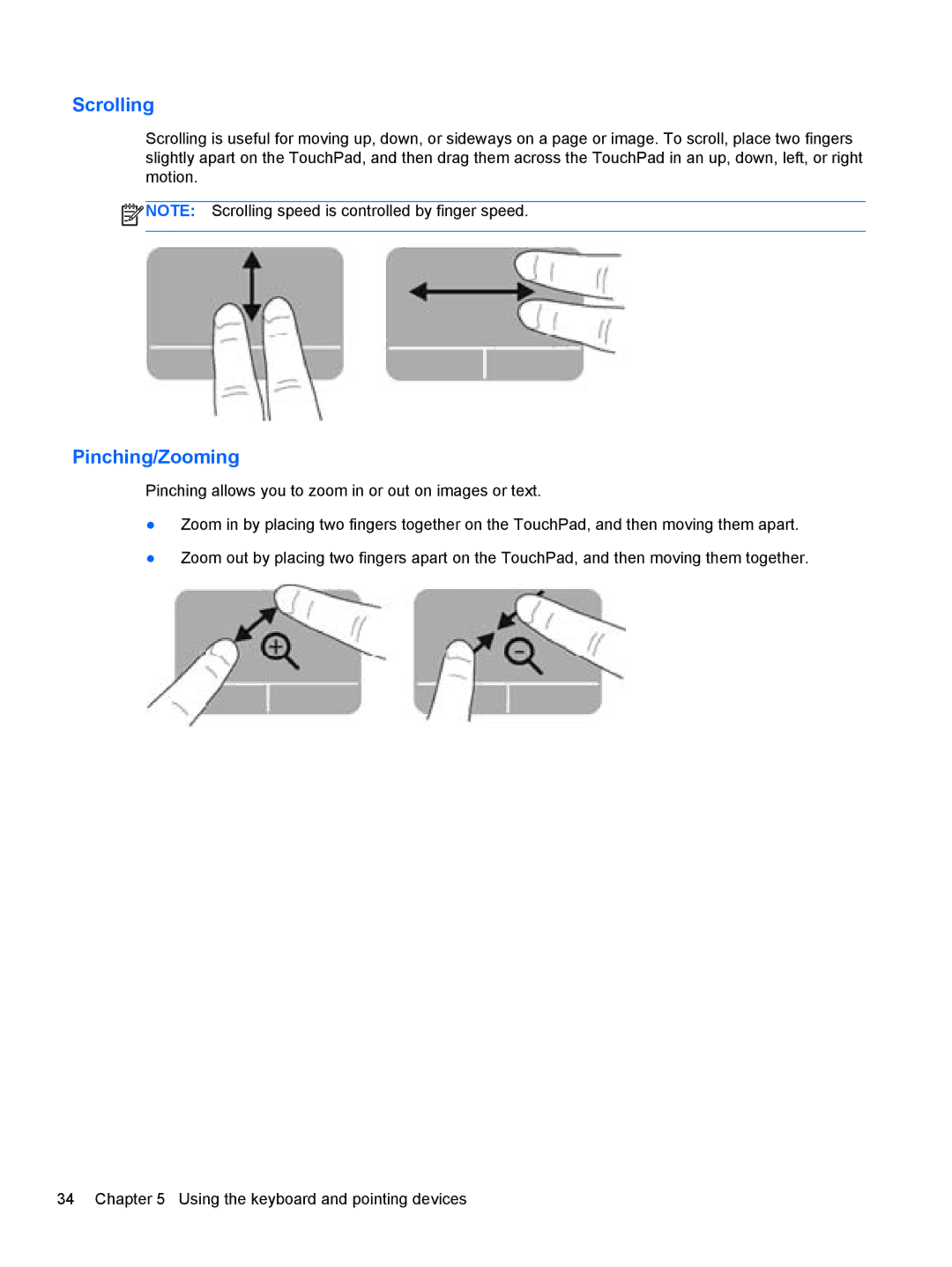 HP B5A04UAR#ABA manual Scrolling, Pinching/Zooming 