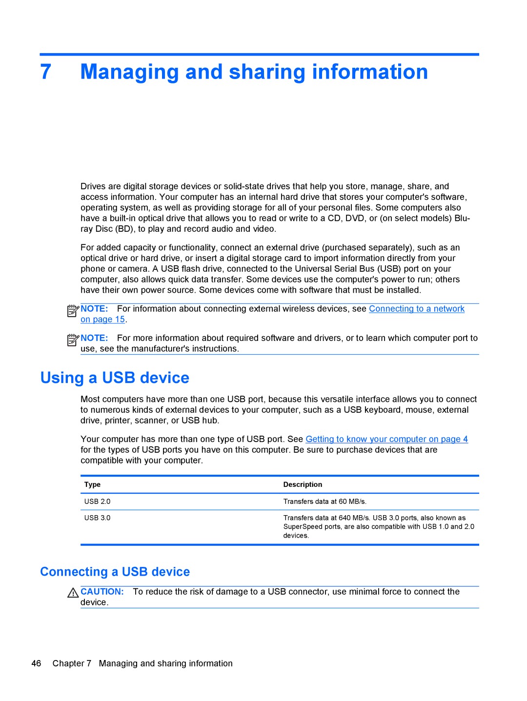 HP B5A04UAR#ABA manual Managing and sharing information, Using a USB device, Connecting a USB device 