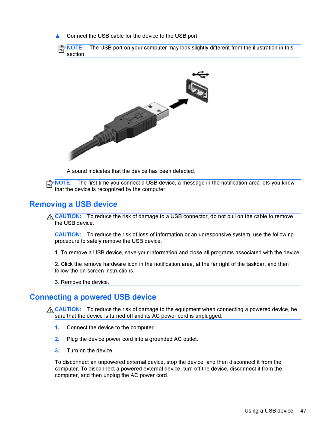 HP B5A04UAR#ABA manual Removing a USB device, Connecting a powered USB device 