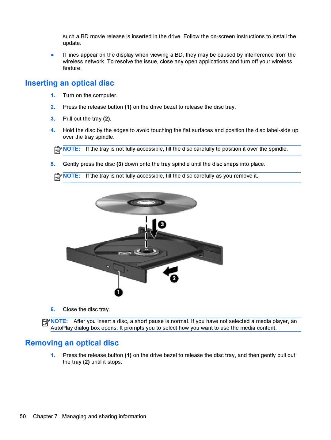 HP B5A04UAR#ABA manual Inserting an optical disc, Removing an optical disc 