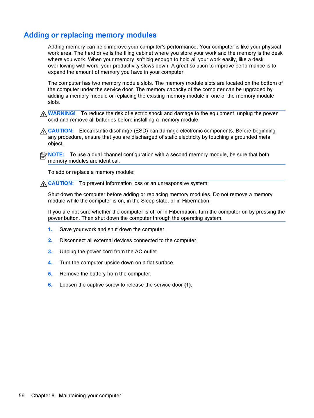 HP B5A04UAR#ABA manual Adding or replacing memory modules 