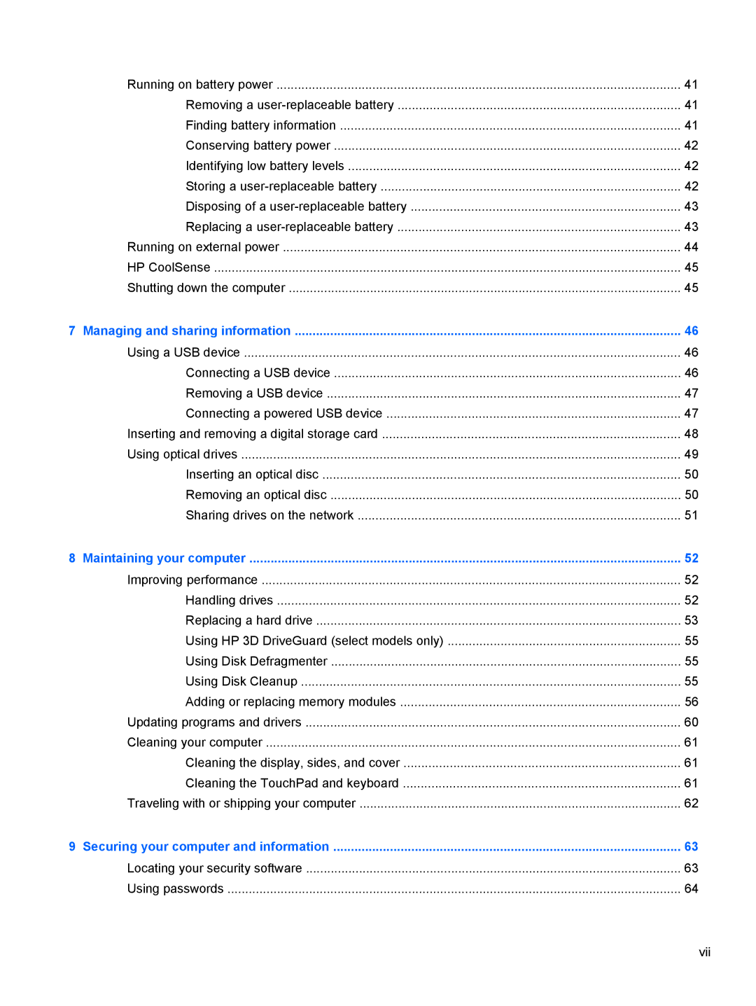 HP B5A04UAR#ABA manual Locating your security software Using passwords Vii 