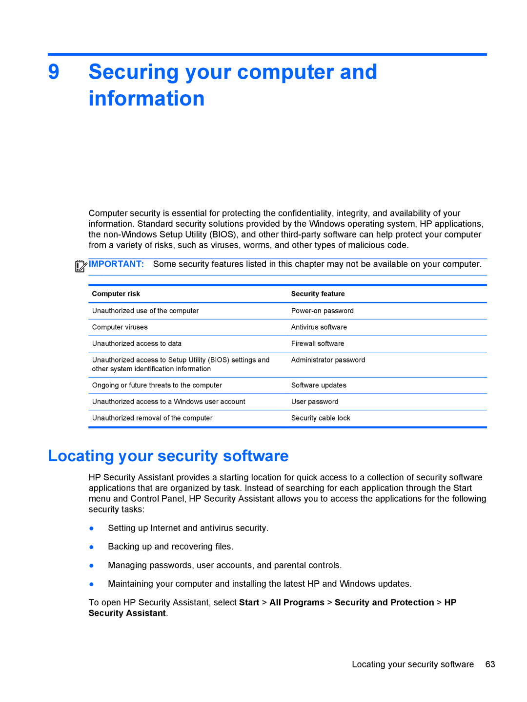 HP B5A04UAR#ABA manual Securing your computer and information, Locating your security software 