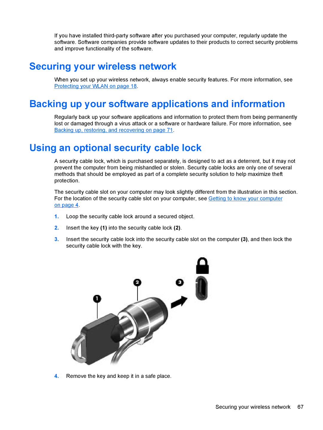 HP B5A04UAR#ABA manual Securing your wireless network, Backing up your software applications and information 