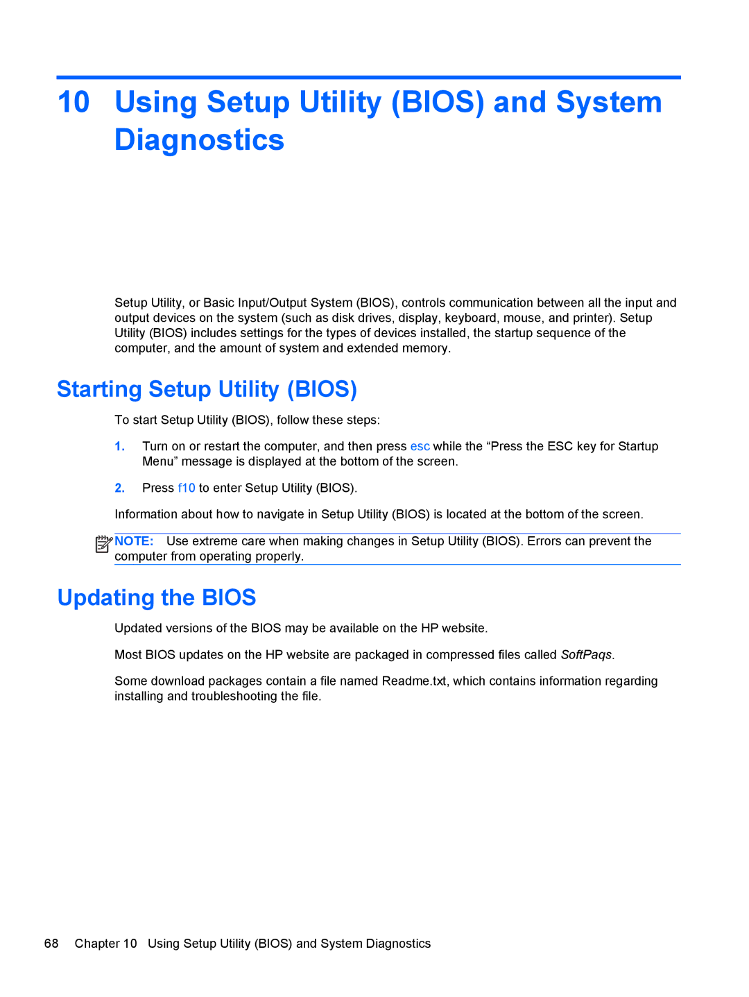 HP B5A04UAR#ABA manual Using Setup Utility Bios and System Diagnostics, Starting Setup Utility Bios, Updating the Bios 