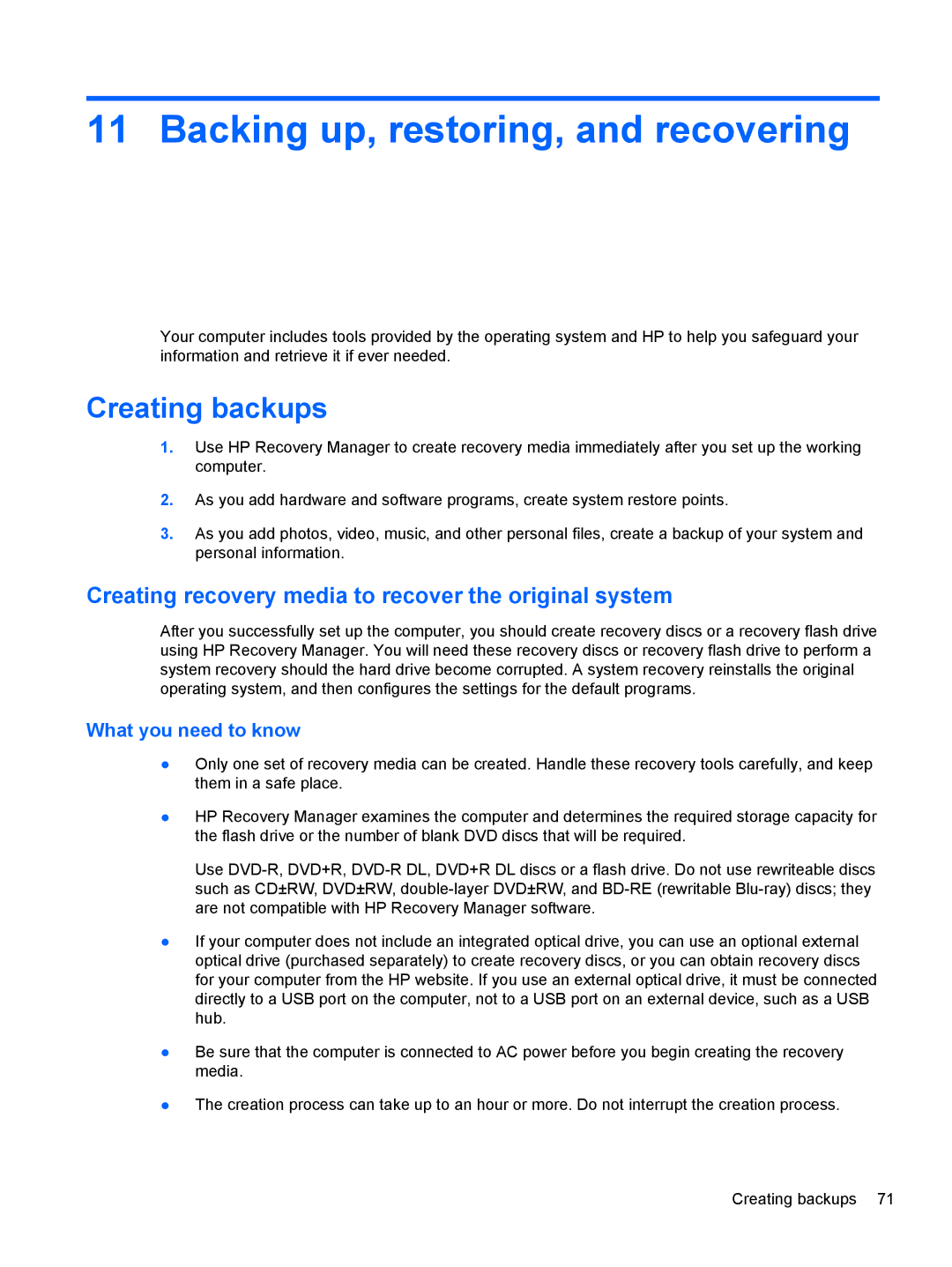 HP B5A04UAR#ABA manual Backing up, restoring, and recovering, Creating backups, What you need to know 