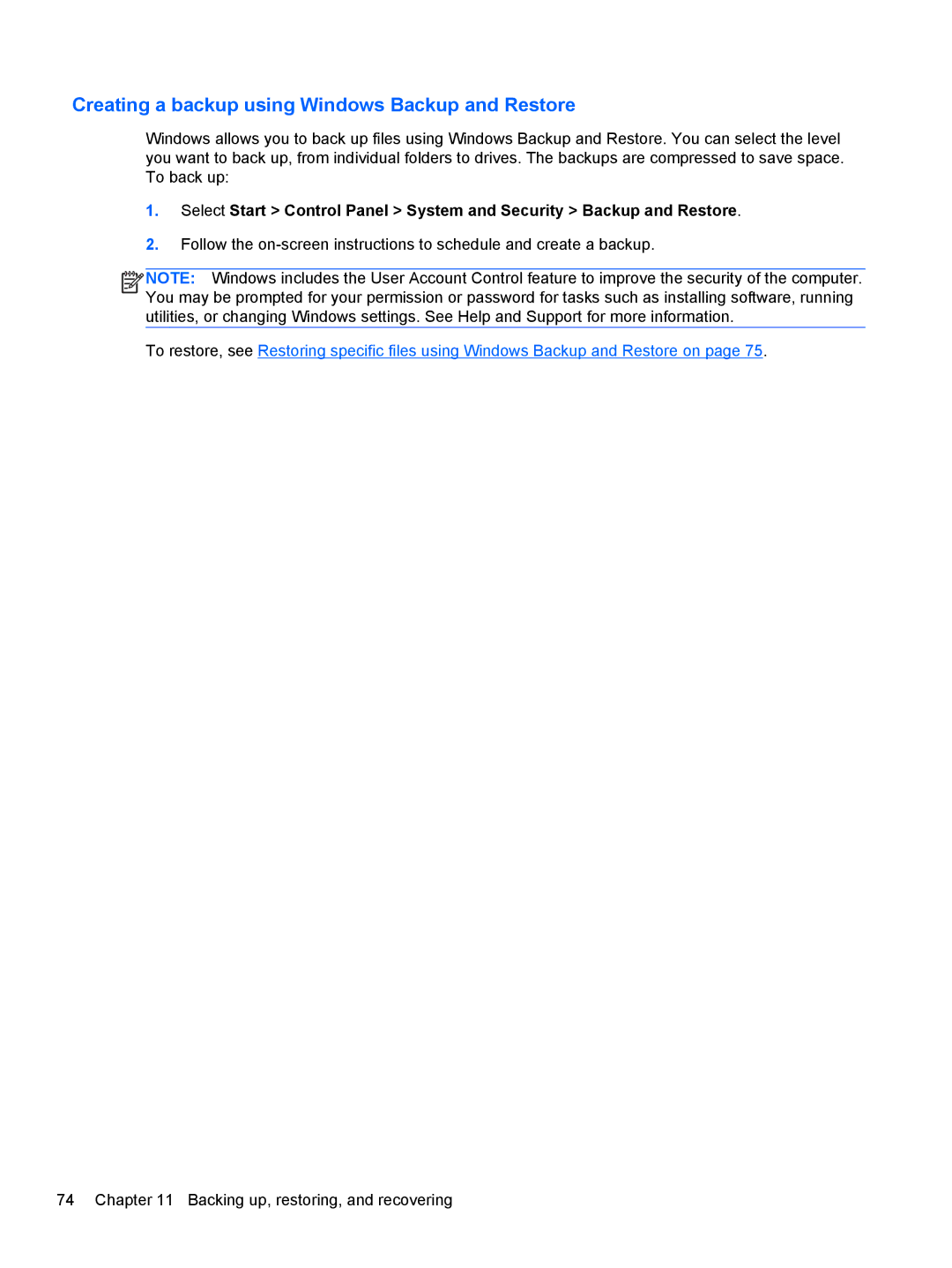 HP B5A04UAR#ABA manual Creating a backup using Windows Backup and Restore 