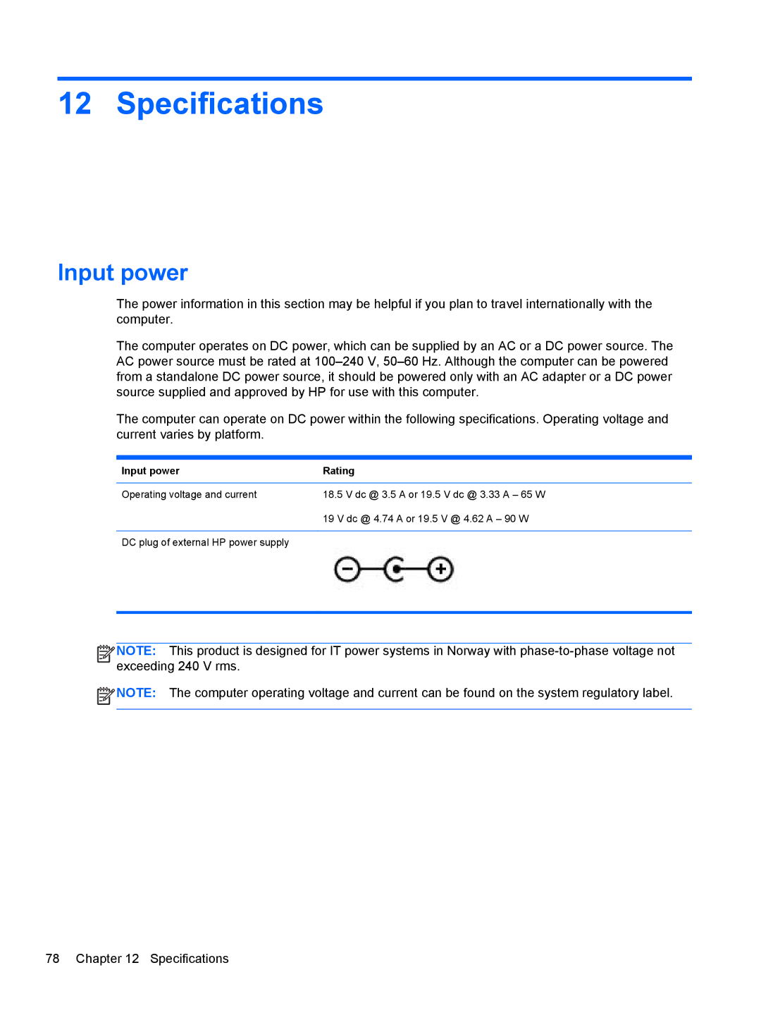 HP B5A04UAR#ABA manual Specifications, Input power 