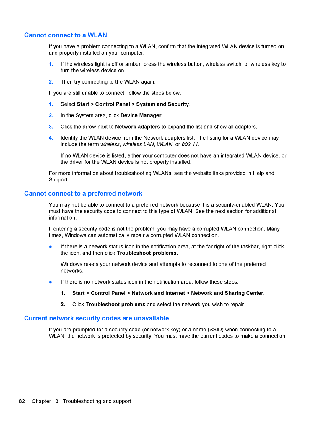 HP B5A04UAR#ABA manual Cannot connect to a Wlan, Cannot connect to a preferred network 